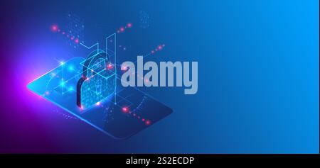 Protection des données. Image isométrique d'un smartphone avec une image d'une serrure et de divers éléments technologiques. Illustration de Vecteur
