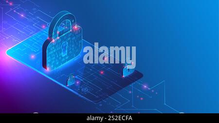 Protection des données. Image isométrique d'un smartphone avec une image d'une serrure et de divers éléments technologiques. Illustration de Vecteur