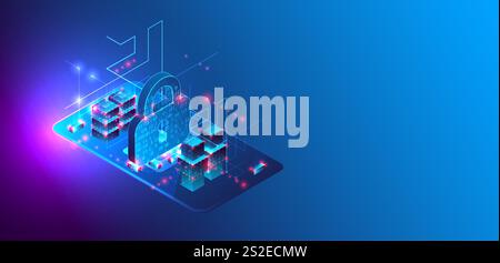 Protection des données. Image isométrique d'un smartphone avec une image d'une serrure et de divers éléments technologiques. Illustration de Vecteur