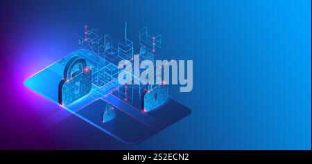 Protection des données. Image isométrique d'un smartphone avec une image d'une serrure et de divers éléments technologiques. Illustration de Vecteur