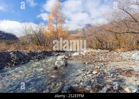 Kamikochi a une belle atmosphère, avec des montagnes, la faune et les ruisseaux, beau temps, en particulier pendant le feuillage d'automne, une partie des alpes japonaises. Banque D'Images