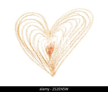 Croquis de coeur doré dessiné à la main avec pastel à l'huile sur fond blanc. Banque D'Images