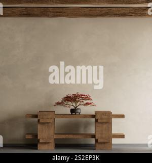 Design intérieur de style Japandi avec meubles en bois et matières premières. Maquette de mur vide dans un intérieur de style Japandi. Illustration 3D. Banque D'Images
