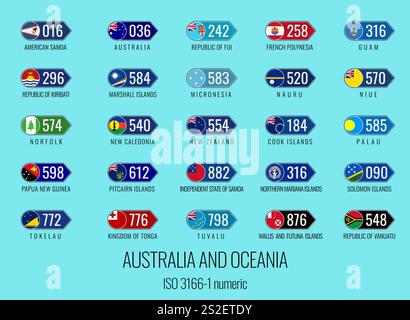 Ensemble d'illustrations vectorielles de la norme ISO 3166-1 numérique et drapeaux des pays de l'Australie et de l'Océanie. Illustration de Vecteur