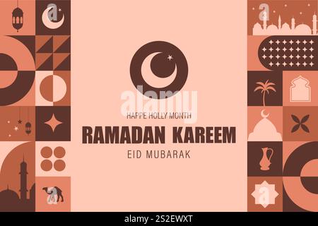 Carte postale Ramadan Moubarak. Affiche de conception géométrique vintage des années 20 minimale avec des éléments beiges de formes traditionnelles. Répétition géométrique néo. Vecteur Illustration de Vecteur