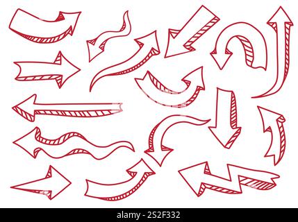 Ensemble de flèches de doodle dessinées à la main isolées sur fond blanc. Illustration de Vecteur