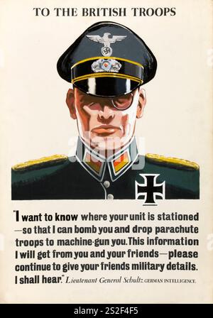 Anti-rumeur et discours négligent officier allemand du renseignement - affiche de propagande de la seconde Guerre mondiale. - Espion nazi aux troupes britanniques Banque D'Images