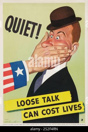 Affiche de propagande de guerre (Défense nationale, 1942). Affiche de la seconde Guerre mondiale « les discours lâches peuvent coûter des vies ». Guerre. Art caricatural par Holcomb du bras de l'oncle Sam enveloppant un citoyen américain Banque D'Images