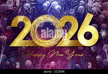 Conception de carte de voeux bonne année avec fond abstrait festif et typographie dorée. célébration de la veille 2026. Belle carte postale brillante. Or, argent Illustration de Vecteur