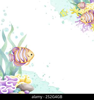 Fonds marins avec poissons, algues, coraux, cailloux, pierres, bubbles aquarelle cadre carré isolé avec espace de copie dans le style de dessin animé. Fond de l'océan dessiné à la main dans les couleurs jaune, lilas et vert pour les dessins. Banque D'Images