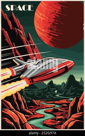 Espace rétro style futuriste poster art vectoriel Illustration de Vecteur