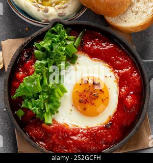 Oeufs Shakshuka dans une casserole avec du pain sur un fond sombre. Oeufs pochés dans une sauce épicée au poivre tomate. Œufs brouillés juifs traditionnels. Vue de dessus. Banque D'Images