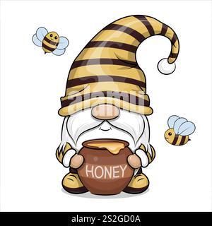 Mignon gnome de dessin animé avec du miel. Illustration vectorielle de l'homme nain avec des abeilles sur fond blanc. Illustration de Vecteur