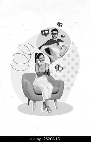 Montage vertical image de fille positive chatting dating application super héros Guy cape masque comme la notification isolée sur fond peint Banque D'Images