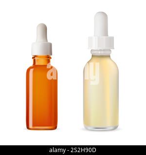 Maquette vectorielle de flacon de sérum compte-gouttes pour pipette. Récipient en verre de traitement cosmétique de beauté avec compte-gouttes. Modèle de flacon de collagène pour les yeux, essence faciale naturelle Illustration de Vecteur
