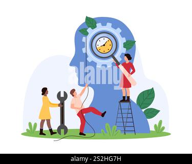 Augmentation de la productivité, analyse de la stratégie et des méthodes de travail efficaces. De minuscules personnes déplacent des engins à l'intérieur de la tête humaine, regardent le mécanisme dans le cerveau à travers l'illustration vectorielle de dessin animé à la loupe Illustration de Vecteur