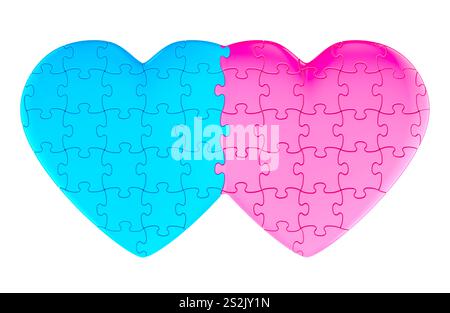 Deux cœurs de puzzles connectés, rendu 3D isolé sur fond blanc Banque D'Images