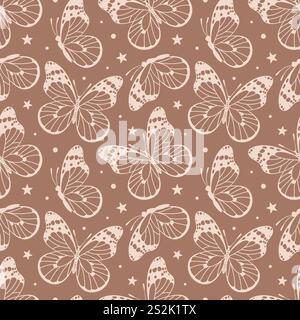 Un motif sans couture représentant le papillon monarque, Danaus plexippus, met en valeur ses superbes ailes orange et noire. Idéal pour le design textile, wallpap Illustration de Vecteur