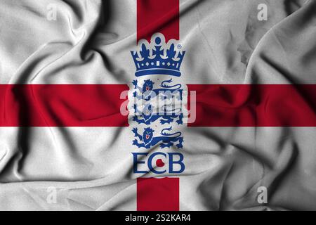 Pringsewu, Lampung 06 janvier 2025 ; texture d'un drapeau agitant avec le logo de l'équipe de cricket d'Angleterre. Illustration 3D. Banque D'Images