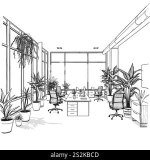 Dessin au trait de grand bureau avec bureau, chaises Illustration de Vecteur