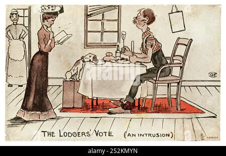 Carte postale édouardienne anti-suffragette, The Lodgers' vote, par GF Christie. Elle concerne la deuxième loi de réforme de 1867 qui accordait le droit de vote à tous les chefs de ménage des arrondissements ainsi qu'aux locataires qui payaient un loyer de 10 livres par an ou plus (mais les femmes étaient toujours exclues du vote) datée/publiée le 28 avril 1906. Banque D'Images