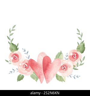 Saint-Valentin ou composition florale de mariage de couple of Hearts, Pink Roses et branches. Ala Prima peinture simple isolée sur un fond blanc Banque D'Images