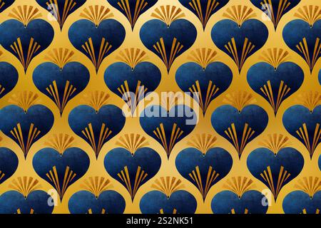 Fond d'inspiration Art déco avec des formes de coeur bleues avec des accents dorés et des motifs de ventilateur sur un fond doré Banque D'Images