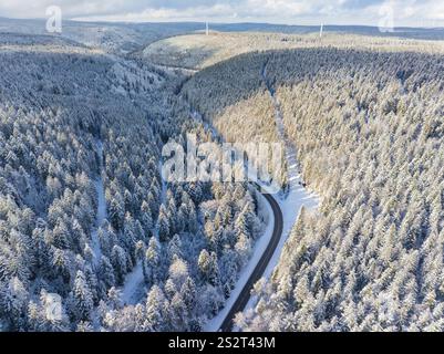 Vue aérienne d'une forêt enneigée avec une route solitaire, tranquillité hivernale, Bad Wildbad, quartier de Calw, Forêt Noire, Allemagne, Europe Banque D'Images