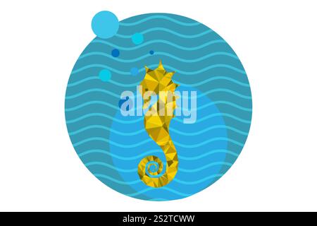 Hippocampe isolé polygonal Low poly logo. Hippocampe Guttulatus symbole cercle créatif illustration vectorielle, icône triangle bleu, mer ​waves Illustration de Vecteur