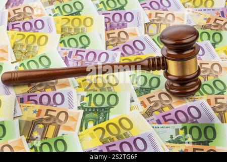 Marteau de juge et billets en euros. Photo symbolique pour les frais en cour, état de droit et ventes aux enchères Autriche Banque D'Images