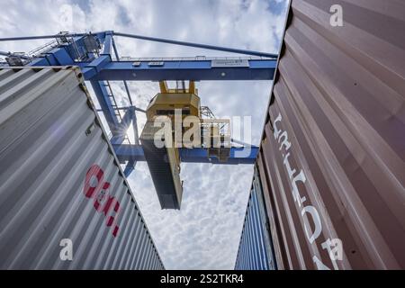 Grue et conteneur dans le port de Duisburg, terminal D3T, Logport l, Rhin, Duisburg, Rhénanie du Nord-Westphalie, Allemagne, Europe Banque D'Images
