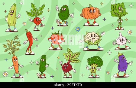 Personnages de nourriture végétale rétro groovy de dessin animé. Tomate de ferme mignonne, carotte et brocoli, épinards, poivre et avocat personnages vectoriels. Groovy courgettes, chou-fleur, radis et légumes à l'ail Illustration de Vecteur