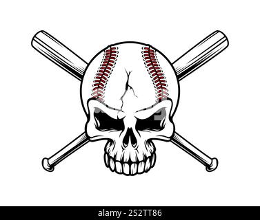 Crâne de baseball avec des battes croisées pour le club de sport ou l'écusson de la ligue d'équipe, emblème vectoriel. Squelette crâne comme balle de baseball avec des fissures et des os croisés de chauves-souris pour l'équipe universitaire ou la mascotte du club de ligue collégiale Illustration de Vecteur