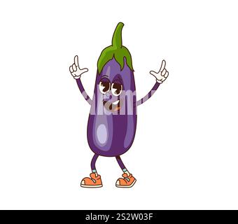 Caractère végétal d'aubergine groovy. Personnage végétarien cru de ferme de vecteur de bande dessinée joyeux avec un visage souriant, des gants blancs et des baskets, frappant une pose ludique, incarnant des vibrations funky et animées des années 70 Illustration de Vecteur