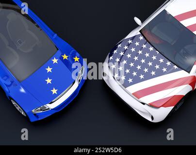 Drapeaux de l'UE et des États-Unis sur les voitures. Concept de marchandage tarifaire automobile et de guerres commerciales en Europe et aux États-Unis. Banque D'Images