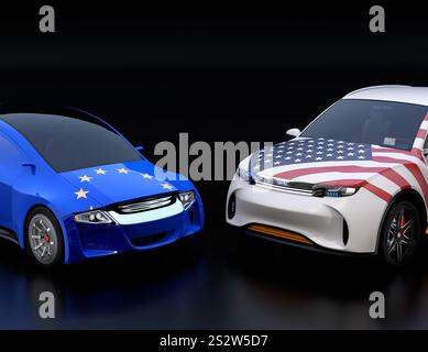 Drapeaux de l'UE et des États-Unis sur les voitures. Concept de marchandage tarifaire automobile et déclenchement de guerres commerciales en Europe et aux États-Unis. Banque D'Images