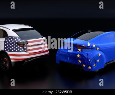 Drapeaux de l'UE et des États-Unis sur les voitures. Concept de marchandage tarifaire automobile et déclenchement de guerres commerciales en Europe et aux États-Unis. Banque D'Images