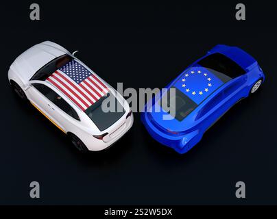 Drapeaux AMÉRICAINS et européens sur les voitures. Concept de tarifs automobiles en Europe et aux États-Unis, et le déclenchement de guerres commerciales. Banque D'Images