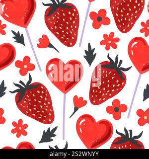Modèle sans couture Valentine avec fraises rouges, fleurs et lollypops en forme de herat. Illustration vectorielle Illustration de Vecteur