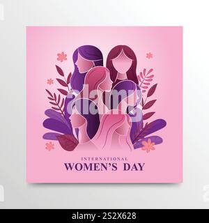 Journée internationale de la femme illustration vectorielle avec un style minimaliste moderne de silhouettes féminines, couleur pastel rose et violet Illustration de Vecteur