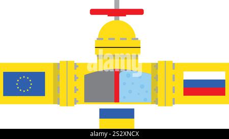 Gazoduc jaune avec curseur rouge s'éteignent et drapeaux union européenne et Russie illustration vectorielle. Concept d'arrêt du gaz Illustration de Vecteur