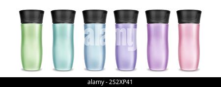 Gobelets avec forme incurvée et couvercles noirs aux couleurs pastel. Élégante collection de verres avec finition métallisée lisse et silhouette ergonomique. Tasses de voyage 3D réalistes avec flacons à vide thermiques. Illustration de Vecteur