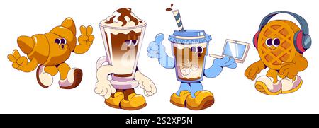 Mascottes groovy Coffee Shop - Croissant marchant faisant un geste de paix, verre à latte recouvert de crème, boisson glacée tenant un ordinateur portable, gaufre musicale portant un casque. Personnages pour la marque de café. Illustration de Vecteur