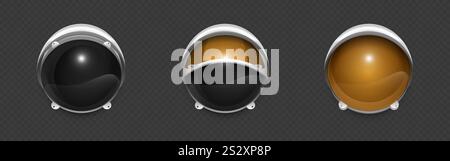 Ensemble de visières de casque d'astronaute 3D réaliste - casque d'espace métallique avec verre réfléchissant noir et doré, supports de montage de protection et détails de surface brillants. Eléments de combinaison d'exploration cosmique. Illustration de Vecteur