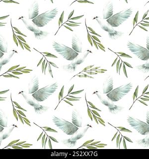 Pigeon et branches d'olivier vertes modèle sans couture. Colombe blanche volante, symbole de paix. Aquarelle illustration dessinée à la main pour Pâques, baptême Banque D'Images