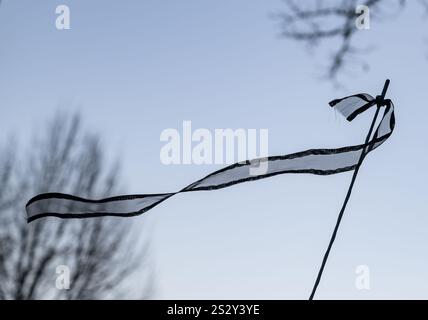 08 janvier 2025, Brandebourg, Francfort (Oder) : un drapeau de deuil sur l'antenne d'un véhicule de police souffle au vent au quartier général de la police est. Le drapeau de deuil symbolise la sympathie des collègues pour la mort d'un policier de Saxe. Un policier de Dresde a été frappé et tué le 7 janvier 2025 à Lauchhammer dans le Brandebourg lors d'une chasse à l'homme pour des voleurs de voitures. Photo : Patrick Pleul/dpa Banque D'Images