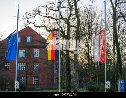 08 janvier 2025, Brandebourg, Francfort (Oder) : les drapeaux de l'Union européenne (G-d), de l'Allemagne et de l'État du Brandebourg flottent en Berne devant le quartier général de la police est pour marquer la mort d'un policier saxon dans l'exercice de ses fonctions. Un policier de Dresde a été capturé et tué le 7 janvier 2025 à Lauchhammer dans le Brandebourg lors d'une chasse à l'homme pour des voleurs de voitures. Photo : Patrick Pleul/dpa Banque D'Images