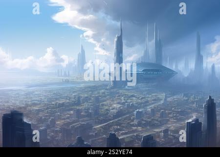 Grand paysage de ville futuriste. Horizon urbain. Générer ai Banque D'Images