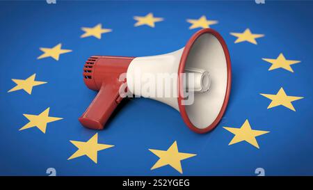 Mégaphone sur drapeau de l'UE Banque D'Images
