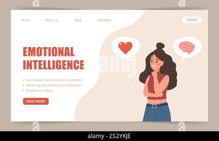 Intelligence émotionnelle. Modèle de page d'arrivée. Jeune femme choisissant entre sentiments et esprit. Illustration vectorielle dans le style de dessin animé plat Illustration de Vecteur